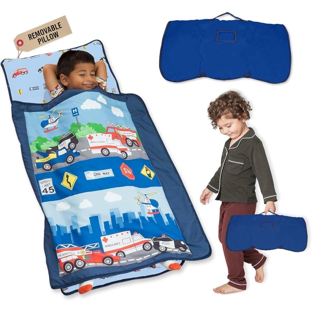 Toddler Nap Mat, Sleeping Bag Removable Pillow -Fire Police Rescue- Carry Handle